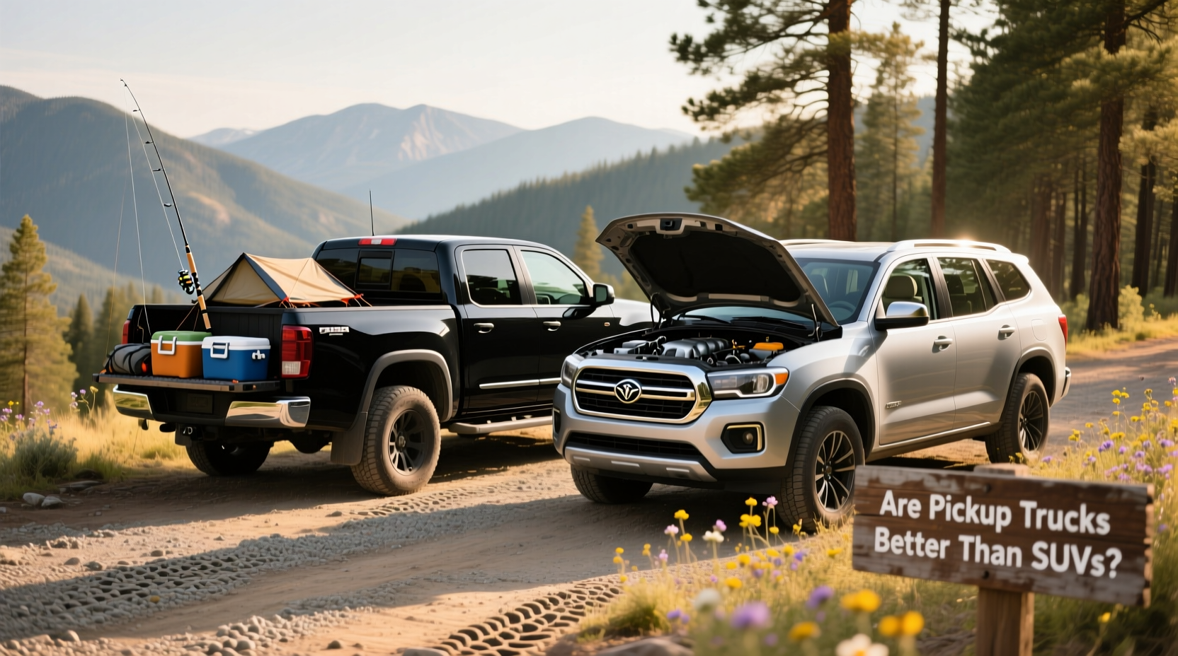 Duży pickup z otwartą skrzynią ładunkową pełną narzędzi i skrzyń